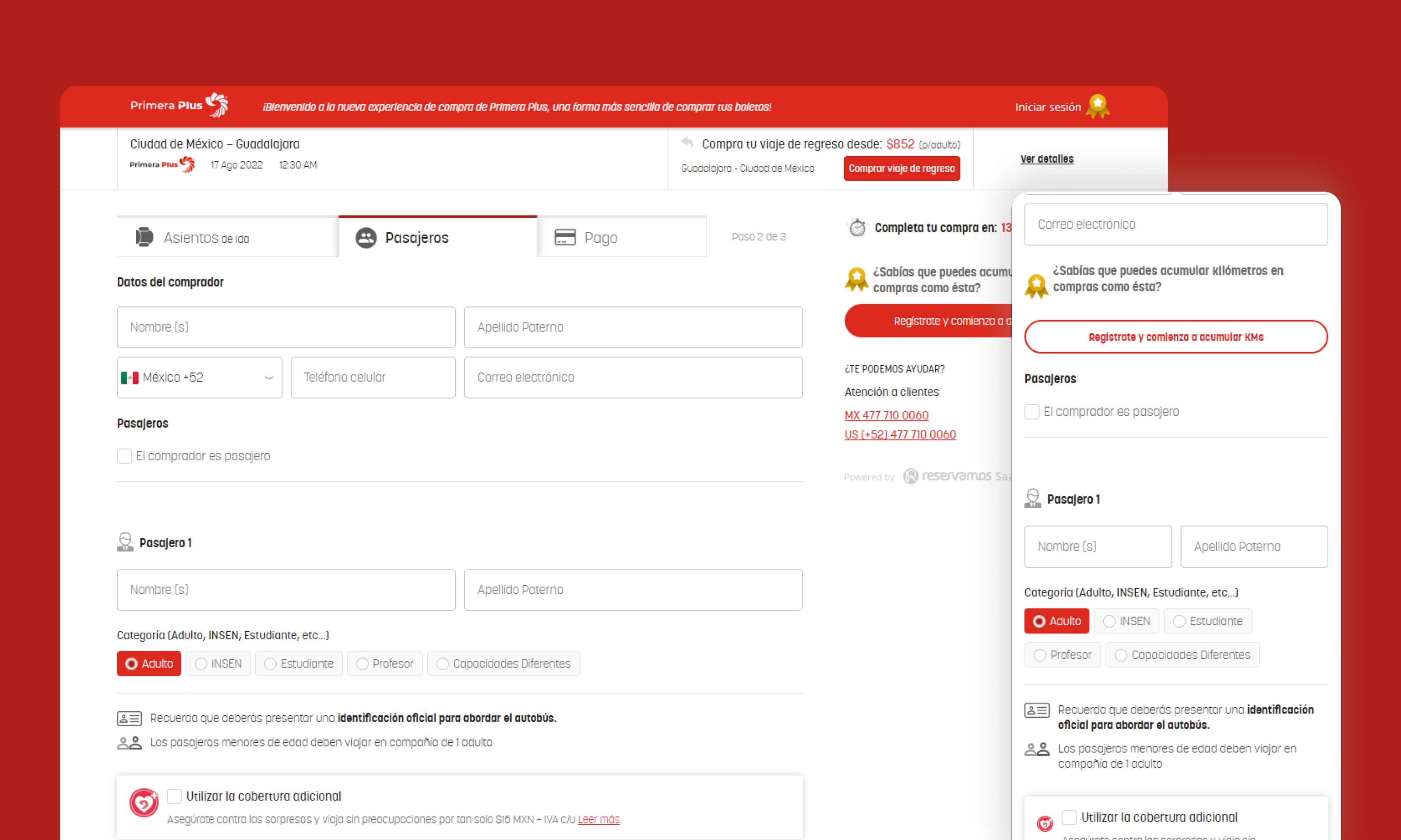 Primera Plus booking interface shown on desktop and mobile