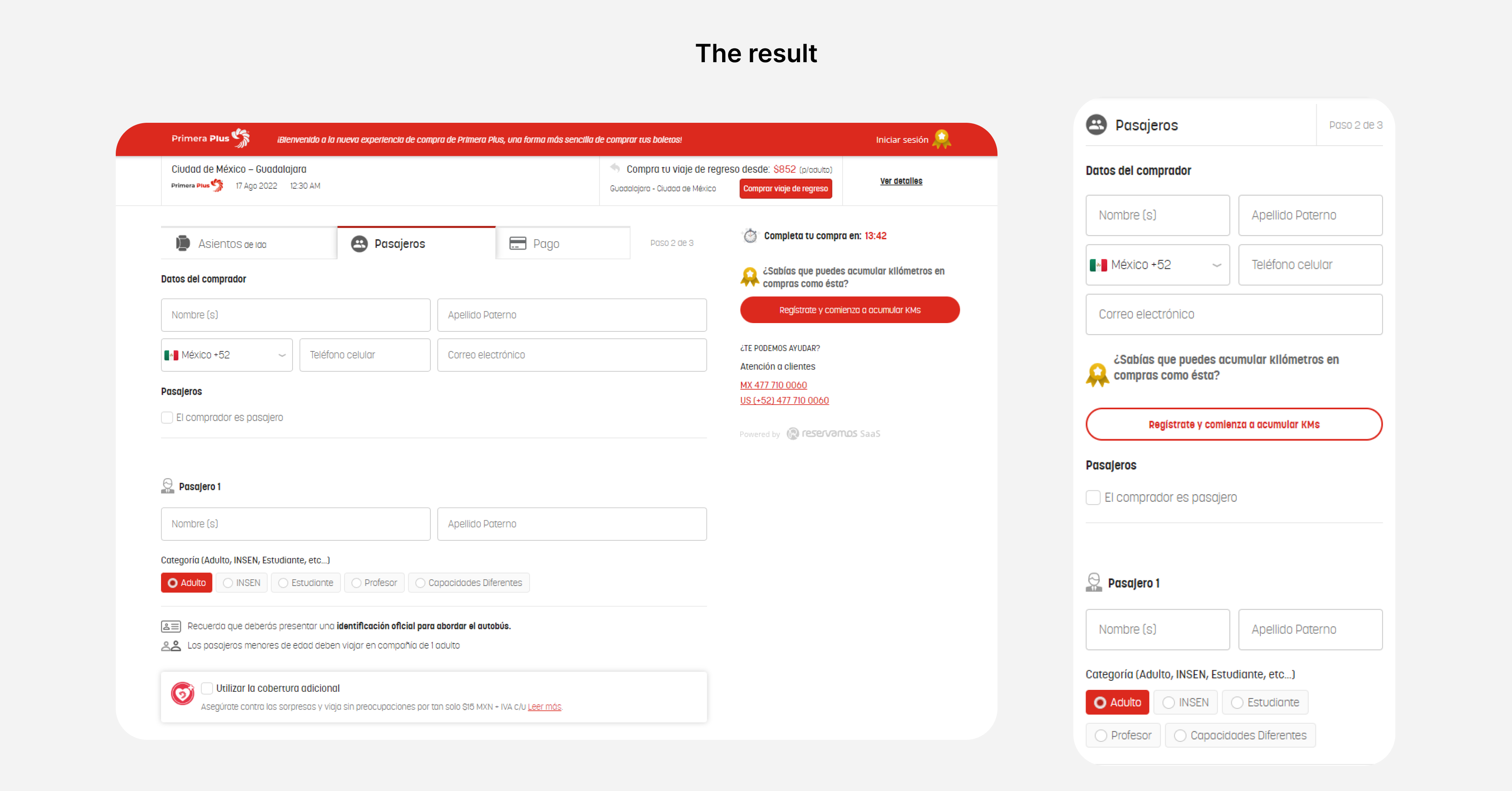 Final Primera Plus fare selection designs on desktop and mobile